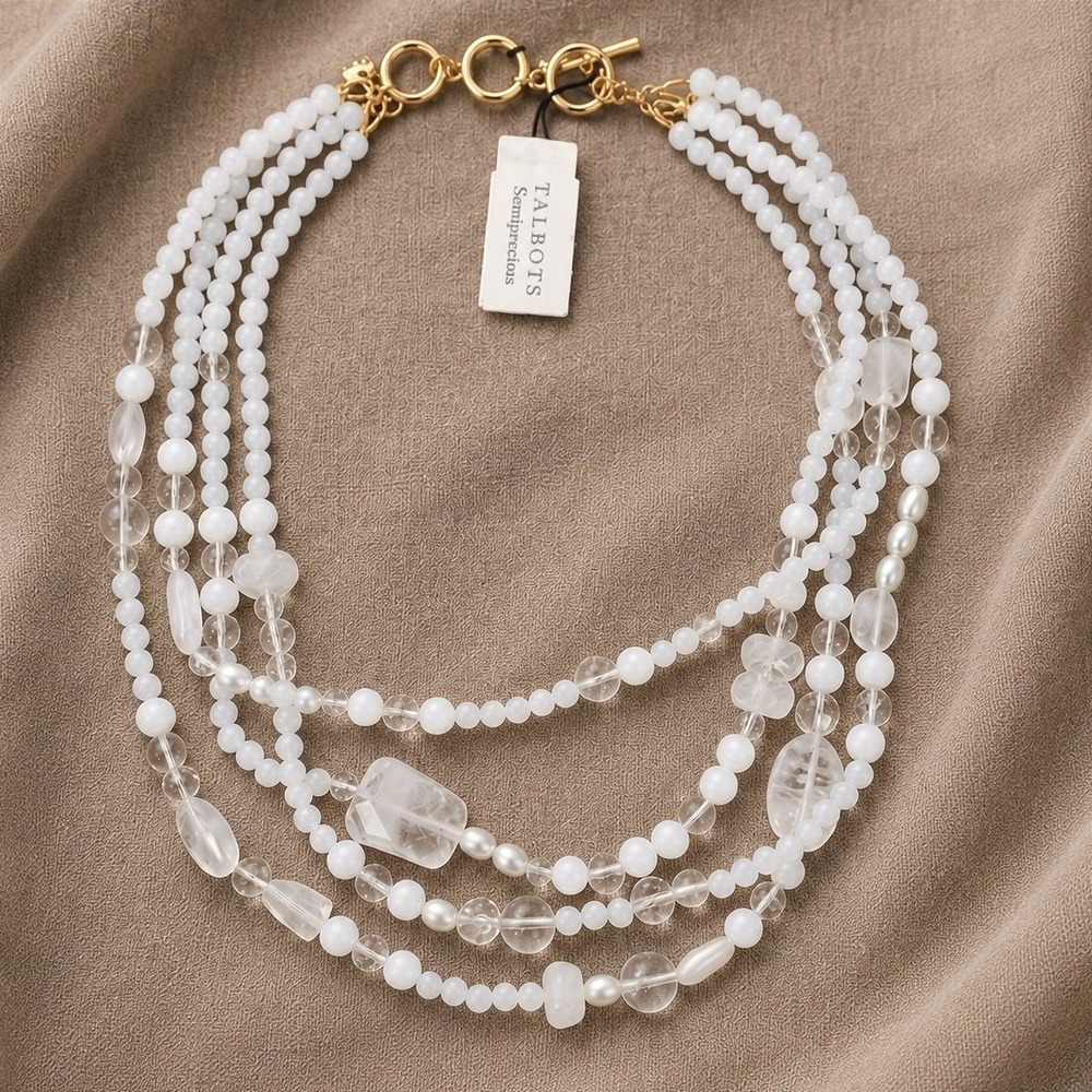 Talbots White Semiprecious Multi Strand Beaded Necklace Gold Toggle Statement